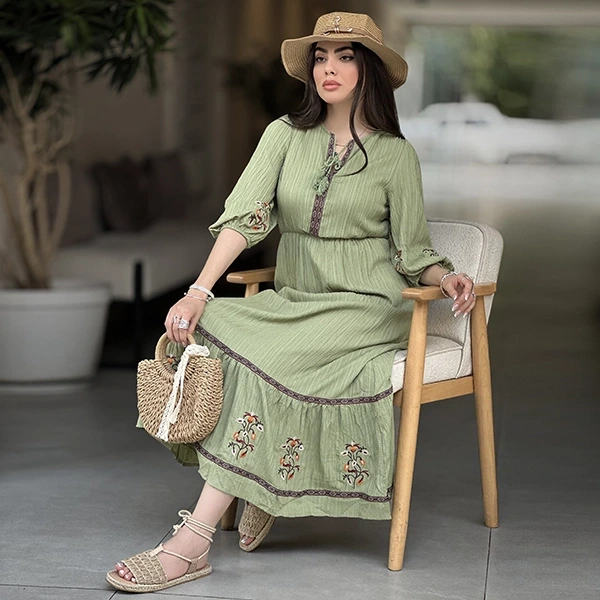 ساحلی زنانه شیک، آستین بلند، گلدوزی شده، کمر چین‌دار